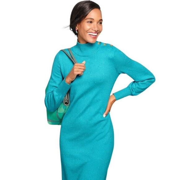 Talbots Mock Neck Sweater Dress Size Medium Aqua Blue Speckled Shoulder Buttons - Picture 15 of 15
